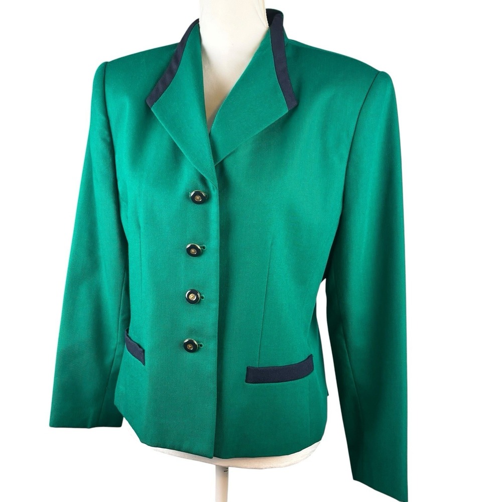 Kasper ASL Women's 100% Wool Blazer Green with Navy- Size 12P Vintage Career